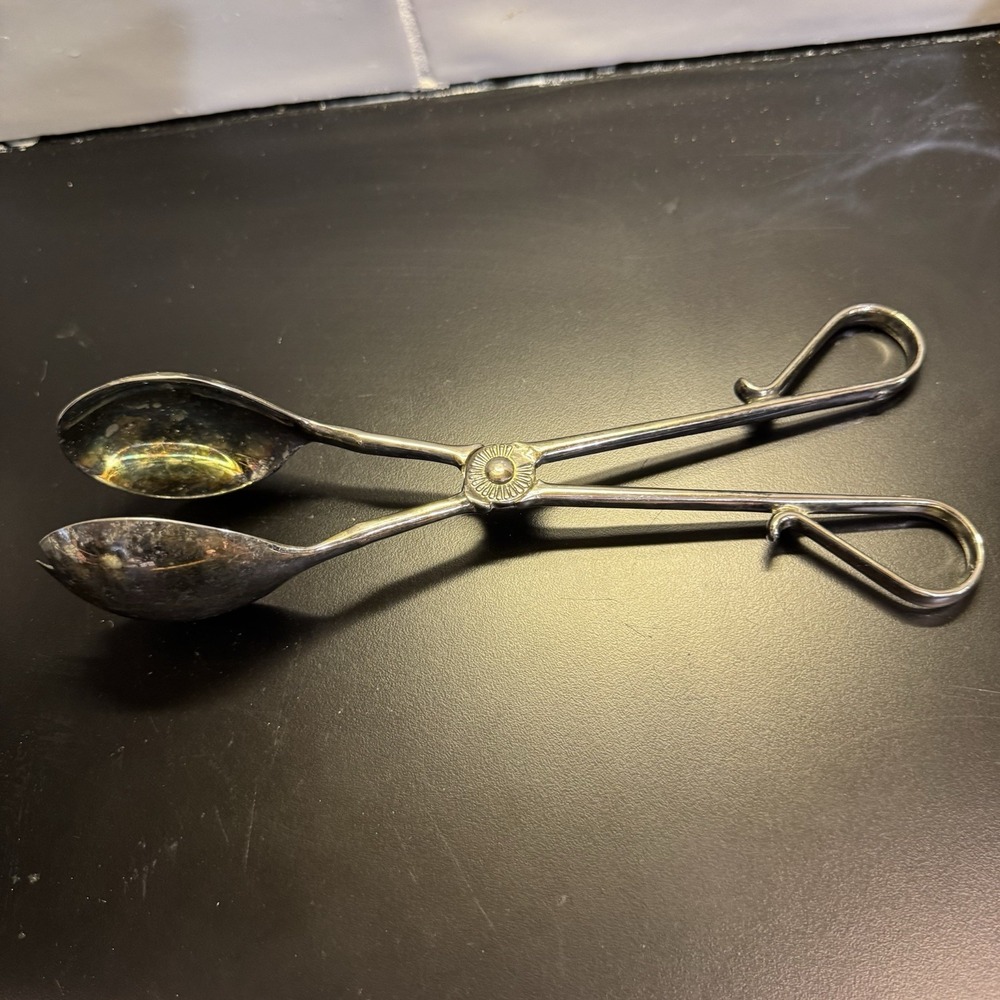 Vintage E.P.‎ Zinc Silver Plated Scissor Salad Tongs